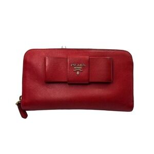 Prada Red Saffiano Leather Bow Continental‎ Zip Around Wallet Authentic